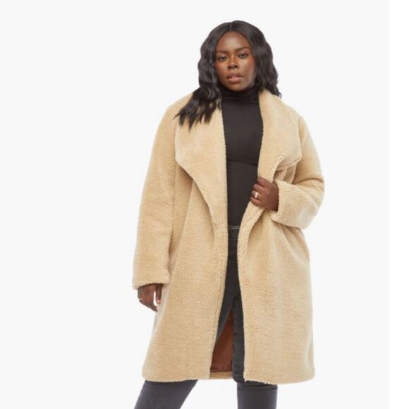 NWT JustFab 3X Drape Front Teddy Coat Sherpa Beige Camel Tan - Picture 2 of 9